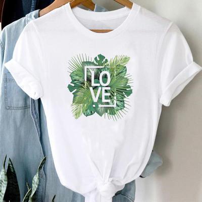 (Asian Size) Tee Top Women Love Letter Plant Trend Cute Print Lady Clothing Casual Short Sleeve Fashion Tshirt  Female Graphic T-shirt