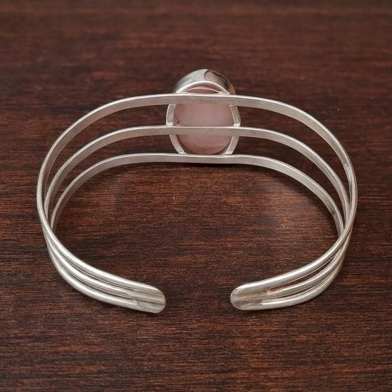 Rose Quartz Cuff Bracelet, 925 Silver Bangle, Handmade Oval Cut Gemstone, Adjustable Minimalist Jewelry