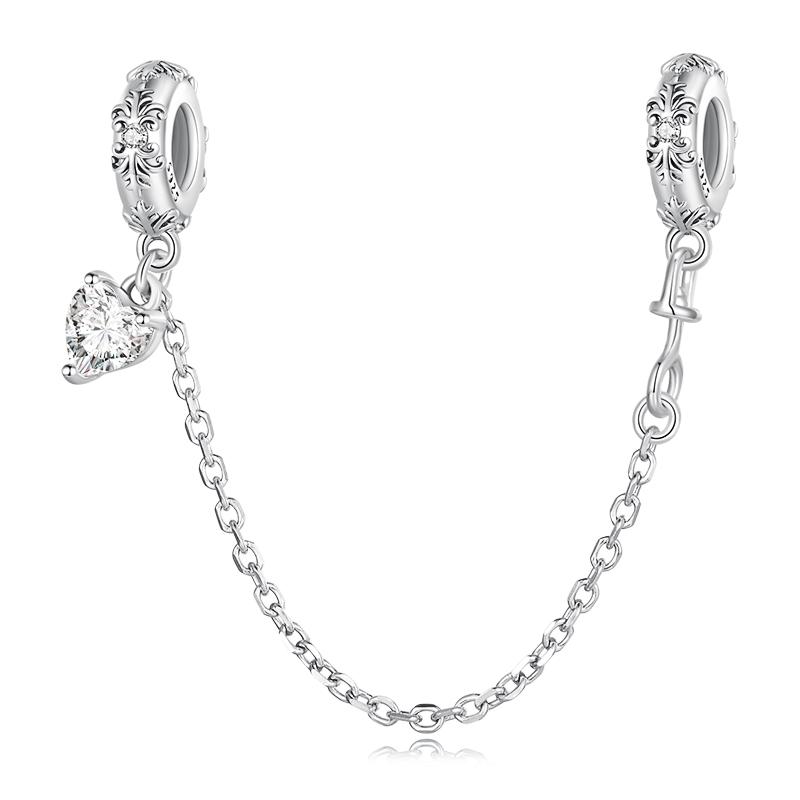 WOSTU 925 Silver Love Heart Silicone Safety Chain Butterfly Angel Wing Link Charm Fir Original Bracelet DIY Jewelry