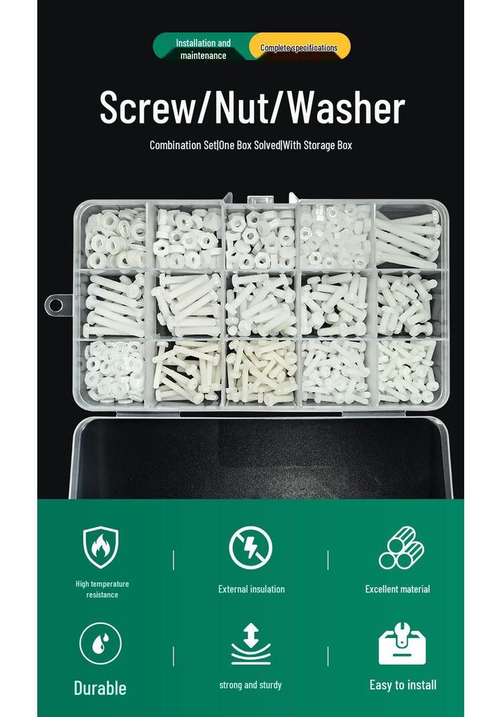 Round Head M3 M4 Nylon Screw Set with Nuts & Washers, Corrosion-Resistant, Insulating, White Plastic Box