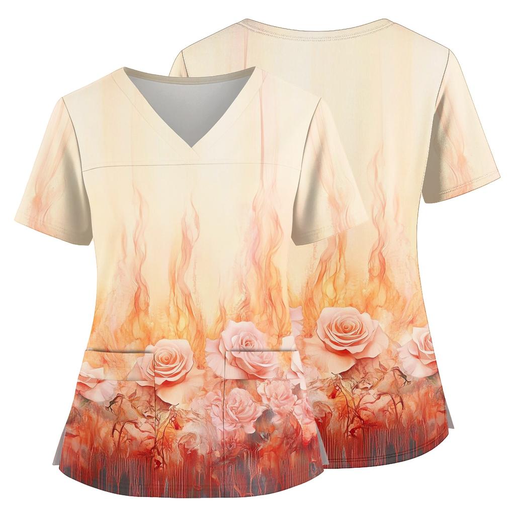 Floral Print V Neck Medical Scrub Top with Pockets Side Slits Short Sleeve Nurse Uniform Shirt for Women Comfortable Fit