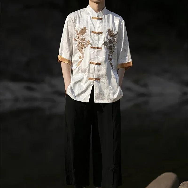 Summer Chinese Traditional Dress Dragon Embroidery Shirt Men Ice Silk Short Sleeve Shirts