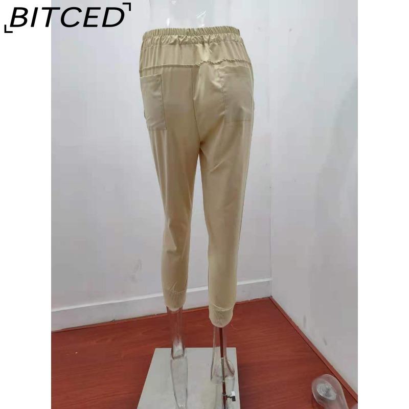 BITCED Summer Women Loose Plus Size Solid Color Simple Lace Up Slim Casual Nine Point Slimming Trousers