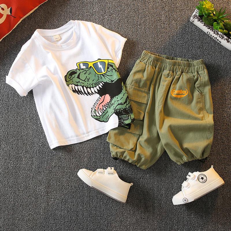 Summer Baby Boys' Clothes Set Child Pure Cotton Dinosaur Print Short Sleeve 2-piece Set Cozy Children's Clothing