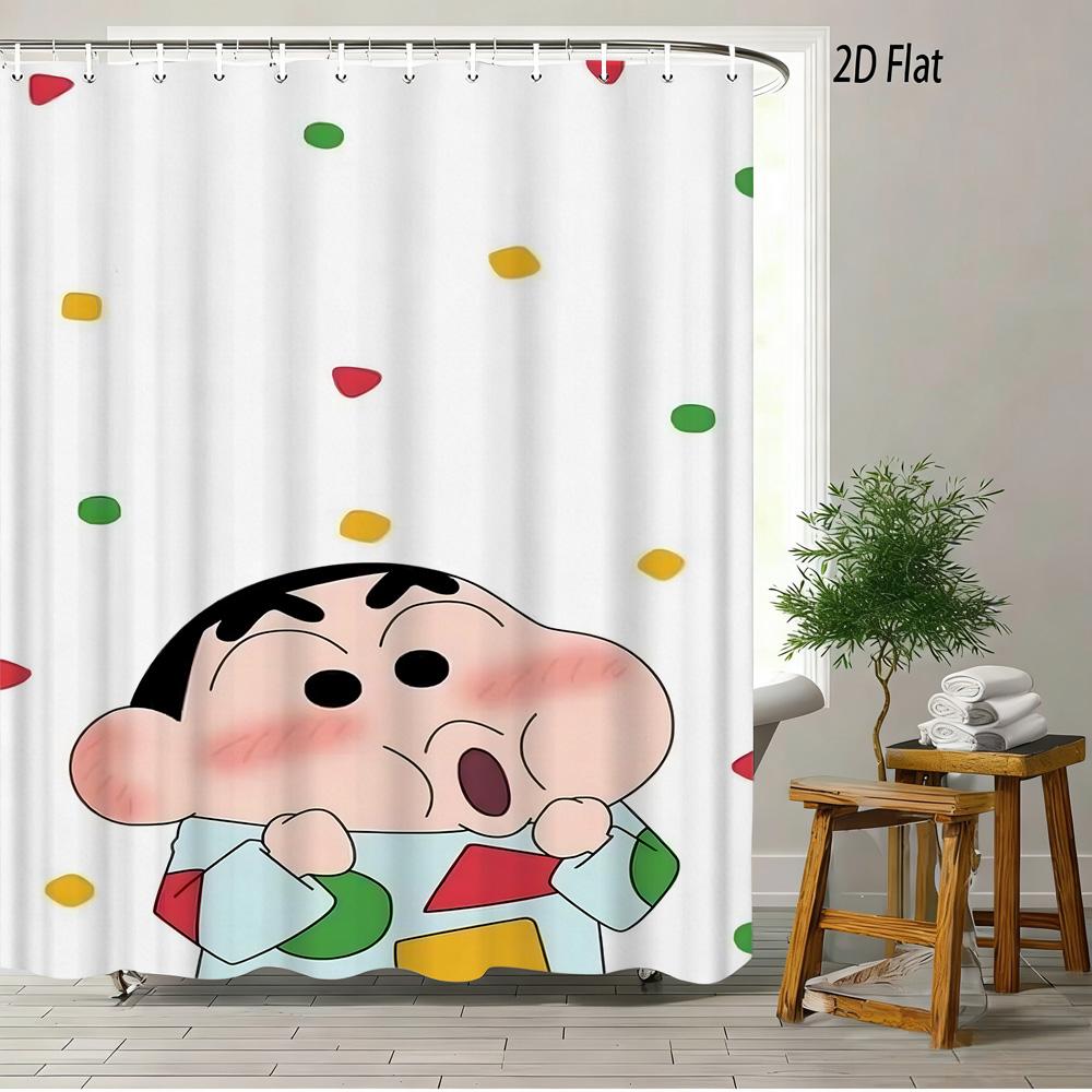 Crayon Shin-Chan Flame Ninja Z Themed 2D Print Waterproof Shower Curtain, Flying Shin-Chan With Family & Shiro Colorful Cityscap