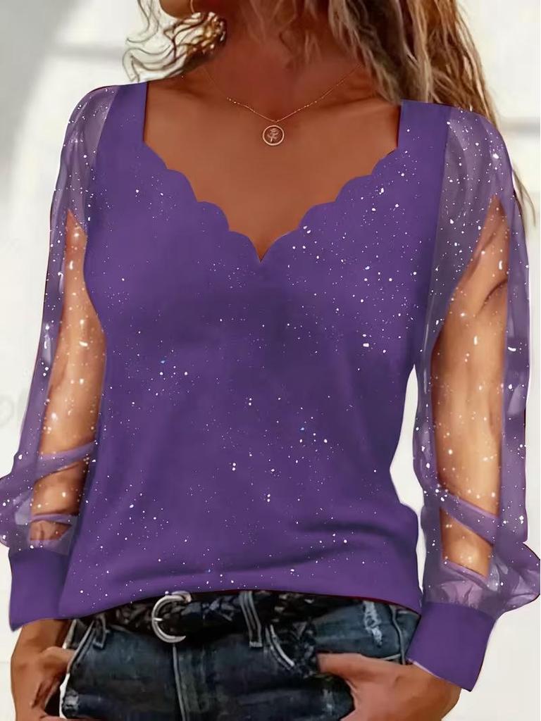 European Style V-Neck Long Sleeve Mesh T-Shirt