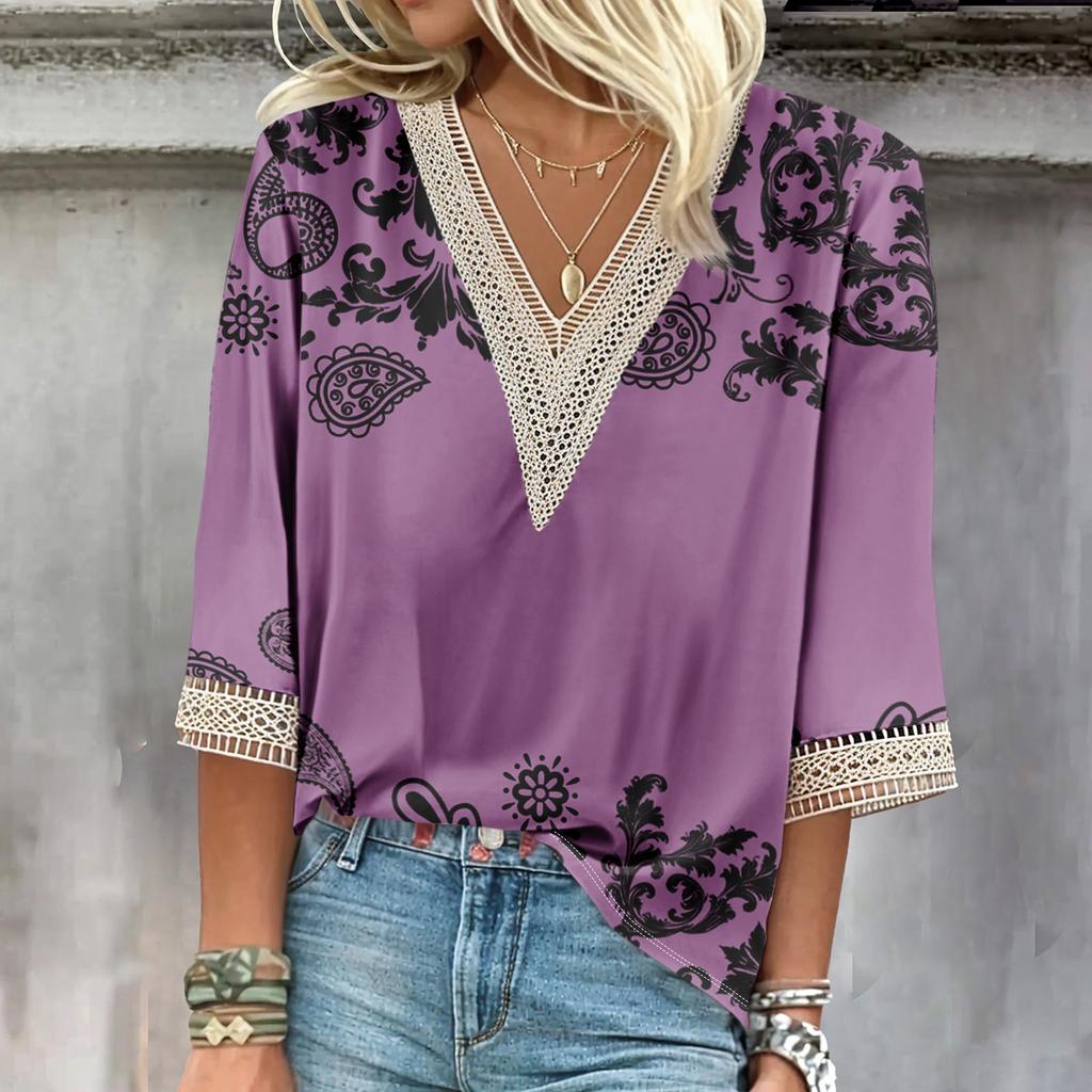 Damen Hemdbluse, lässig, lockere Hemden, 3/4-Ärmel, Spitzendruck, V-Ausschnitt, Oberteile, bedruckte Oberteile, T-Shirts, Tee