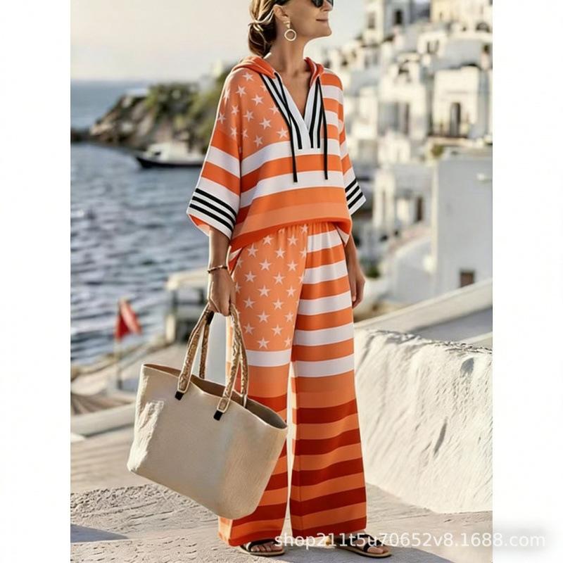 New Spot Women's Star Stripe American Flag Casual Hooded V-Neck Suit Vacation Bohemia