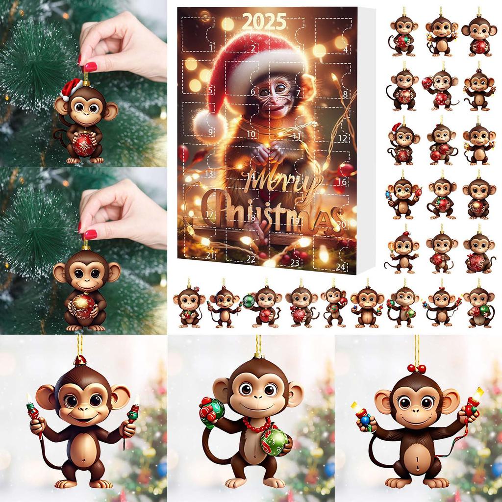 Christmas Countdown Calendar Adorable 2d Acrylic Ornaments Christmas Advent Calendar Playful Monkey Ornaments Set For Gift Sets