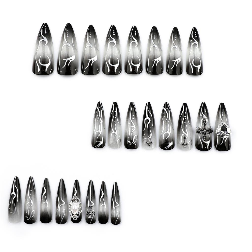 24pcs Long Almond Fake Nails Gothic Dark Black Style Press On Nails Full Cover Wearable European Heavy Metal False Nail Tips
