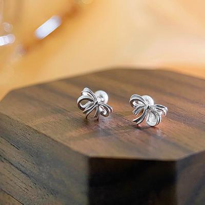 Simple Bow Screw Earrings for Women Sweet Hypoallergenic Anti-Falling and Ear Piercing