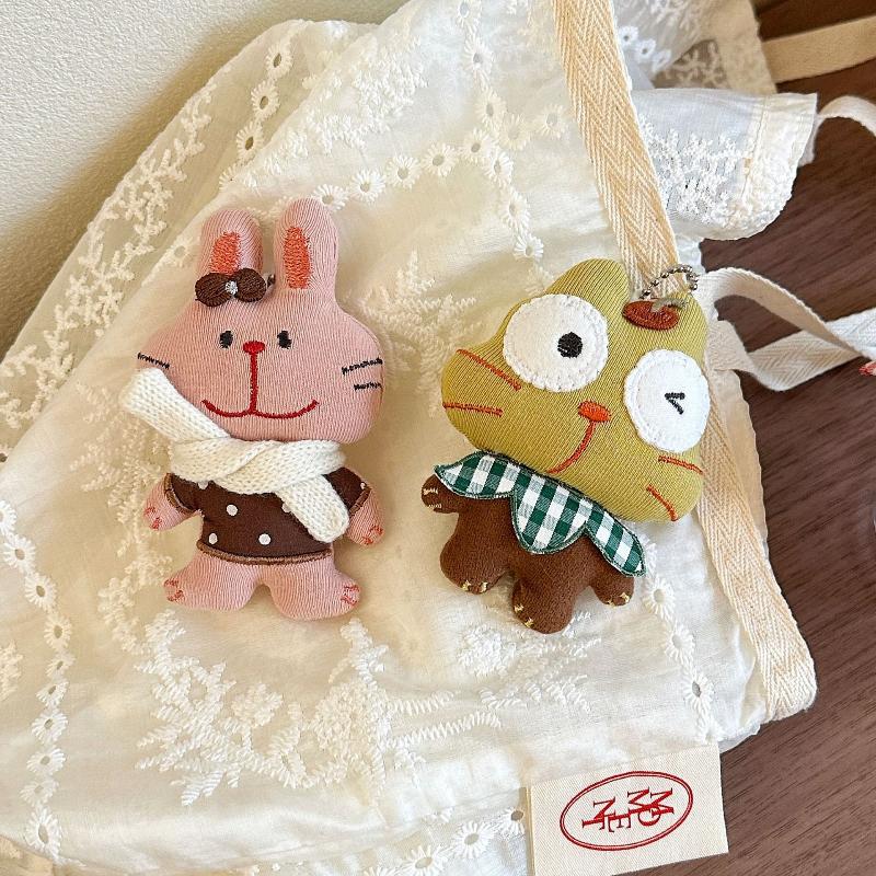 Forest Style Cloth Animal Plush Keychain Cute Rabbit Cat Panda Bear Fabric Doll Bag Pendant Car Keychain Backpack Hanging Decor