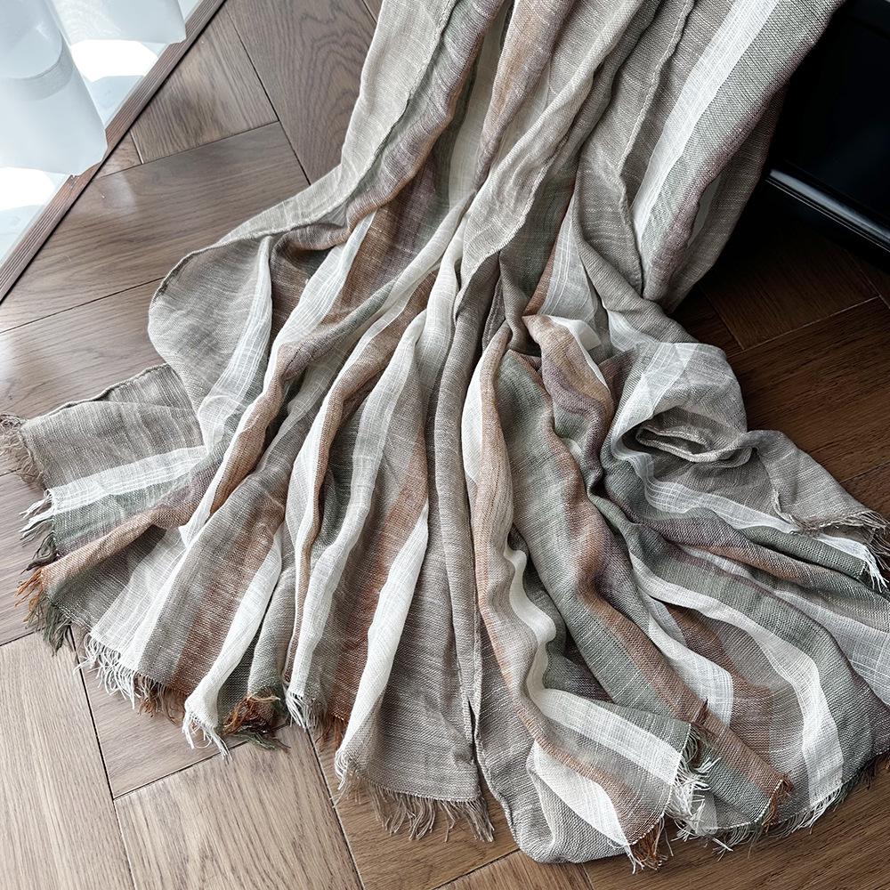 Japanese & Korean Style Autumn/Winter Unisex Striped Scarf In Cotton, Linen & Silk