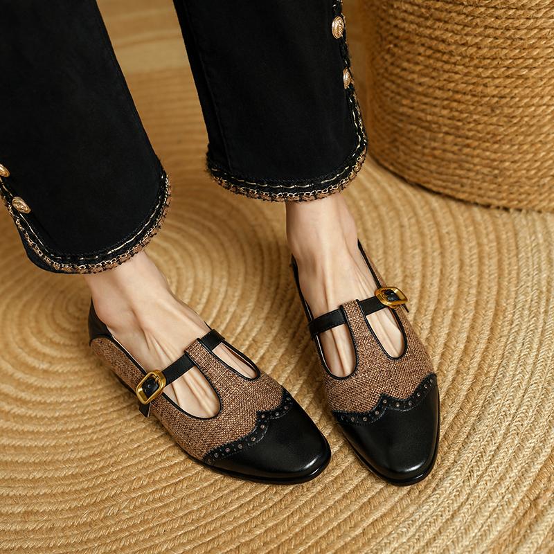 Fashion 2025 New Women Dress Shoes Thick Heels T-Strap Shoes Genuine Leather Shallow Square Toe Pumps Ankle Strap Ladies Shoes Office
