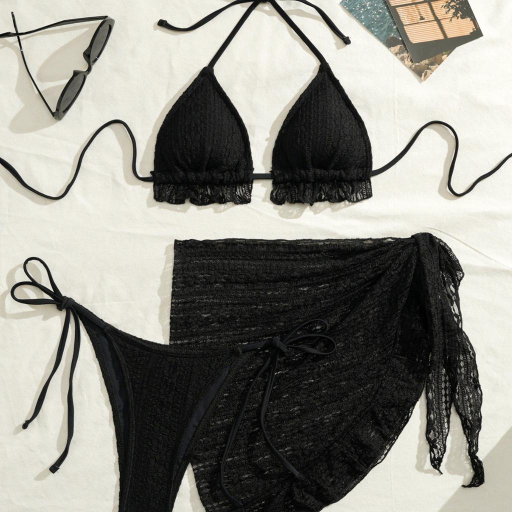 New Sexy 3 Piece Bikini Swimsuit Set with Sheer Skirt Solid Color Halter Swimwear CLE