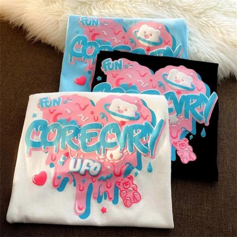Kısa kollu tişört Kadın Gevşek Aşk Ayı Mektup Baskı Öğrenci Ceket Retro Kawaii Y2k Kızlar Büyük Boy Yaz O-Boyun Kadın