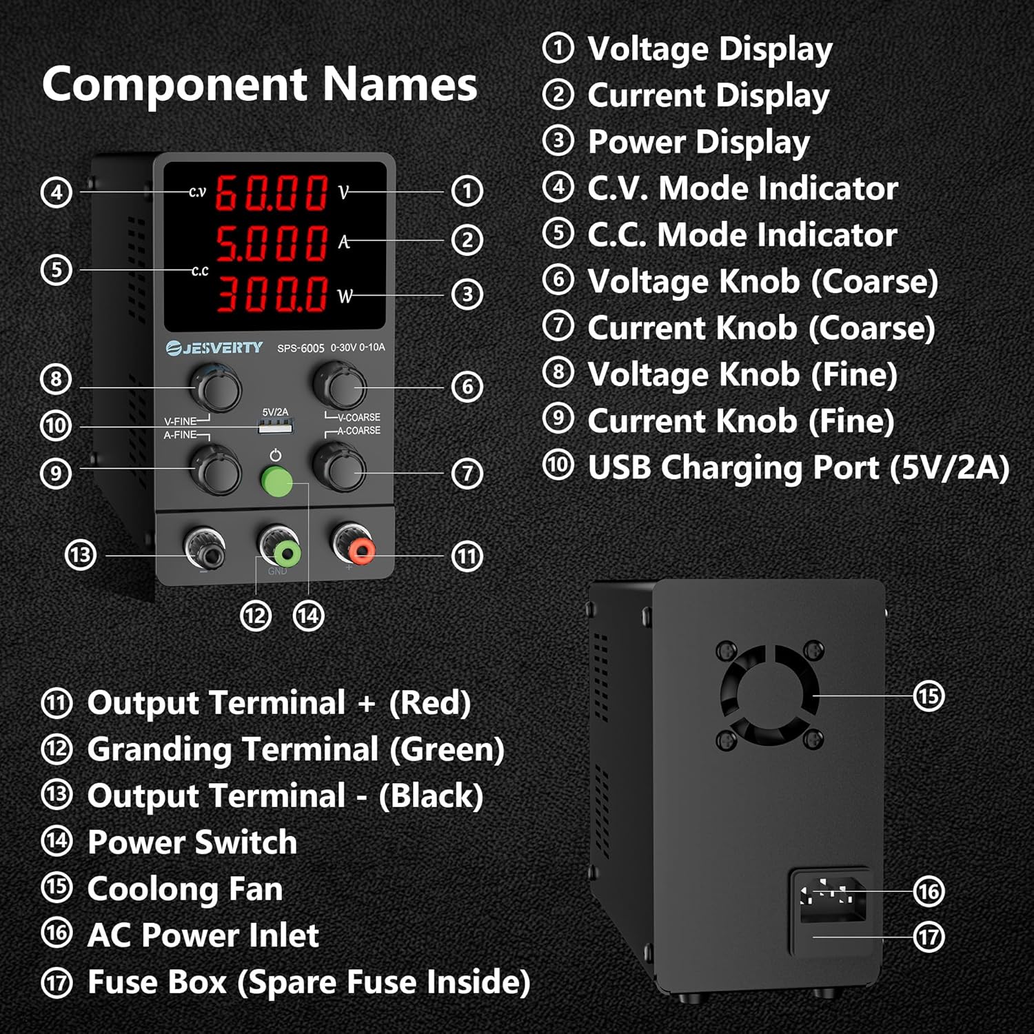 

DC Power Supply 0-60V 0-5A Adjustable with 6000 Counts Digital Multimeter LCD for AC/DC Voltage, Current, Resistance, Capacitanc United States