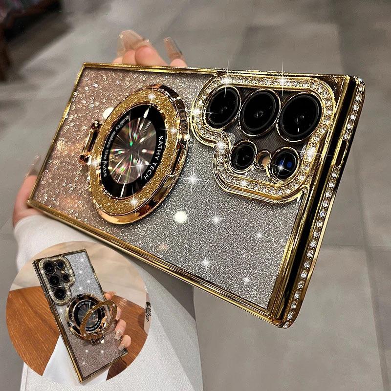 Suitable for Samsung S25ultra Mobile Phone Case A55 Rhinestone Magnetic Bracket S22 High End Sense S24P Anti Fall Flash Powder Women