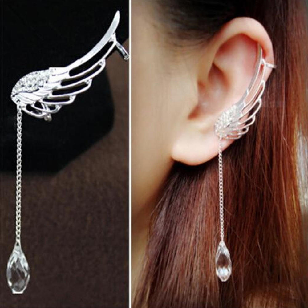 Angel Wing Tassel Clip On Earrings Long Chain Dangle Non Pierced Ear Cuff Jewelry Accessories for Women and Girls