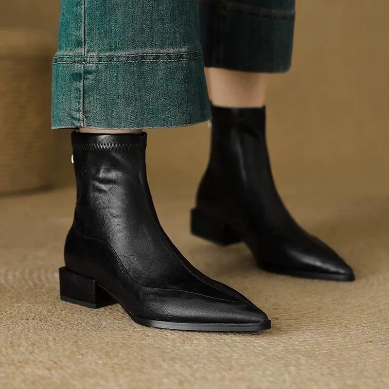 Women's Pointed Toe Block Heel Ankle Boots  AW New - Slim Elastic Fashion, Real Leather Feel, Trendy Cold-Season Footwear