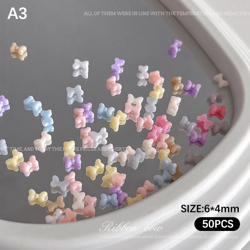 50Pcs Candy Color Bow Nail Art Parts Charms Mini Resin Ribbon Nail Rhinestones Diy Summer Nail Art Decor Accessories