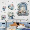 Cartoon Cat Flowers Potted Plants Wall Stickers Fake Windows Warm Bedside Bedroom Decorative Decal Stickers Wallpaper