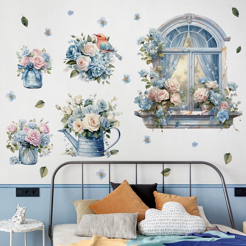 Cartoon Cat Flowers Potted Plants Wall Stickers Fake Windows Warm Bedside Bedroom Decorative Decal Stickers Wallpaper