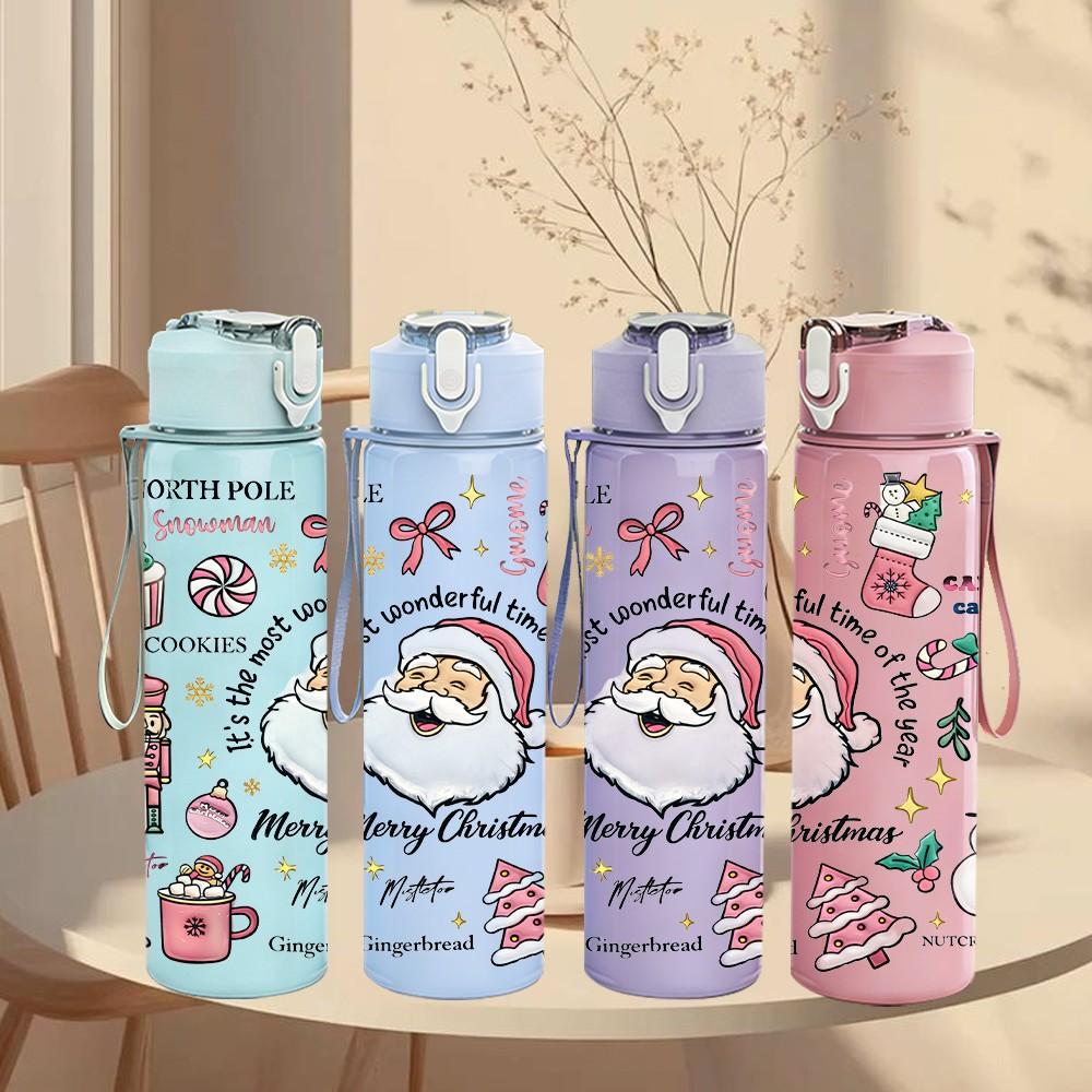 1PC Santa Claus Winter Xmas Lettering 750ml Color Plastic Sports Water Bottle Leakproof Flip Straw Lid Suitable for Sports Office Home Use