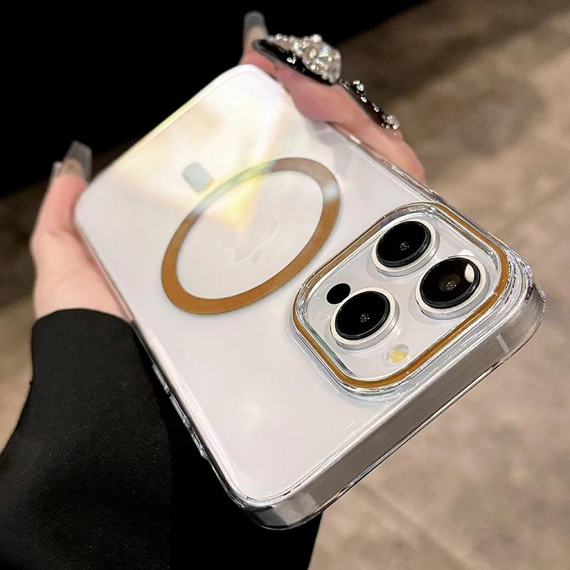 For Magsafe Phone Case For iPhone 17 16 15 14 13 Pro Max Plus 16e 17 Air Metal Buttons Transparent Clear PC Hard Cover