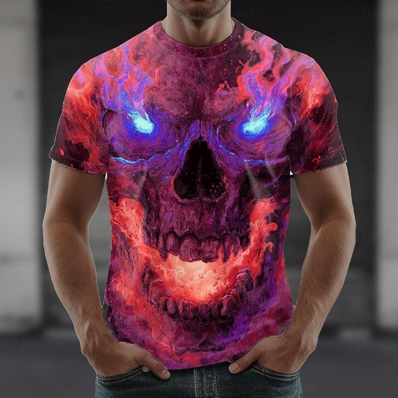 Halloween Men's Skull Optical Illusion 3D T Shirt Short Sleeve T shirt 3D Print Crew Neck Shirt