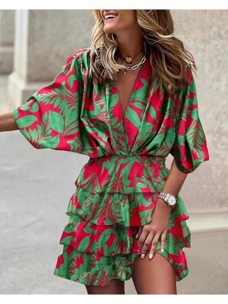 V Neck Print Flower Dress Waist Hugging  Elegant Pleated Dress for Women Short Sleeve Loose Dresses Causal Dress