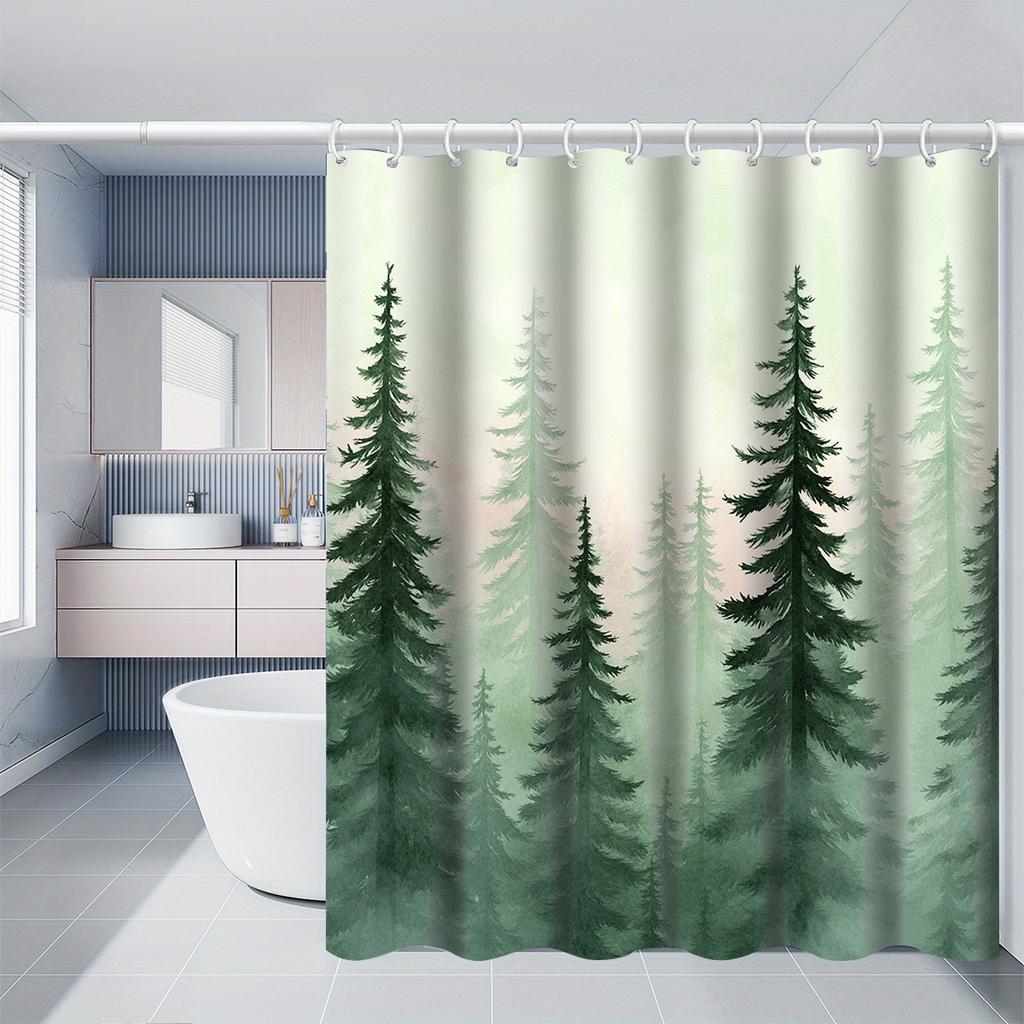 Watercolor Misty Pine Forest Illustration Shower Curtain 1Pc With 12 Hooks For Bathroom Home Decor Polyester 70.8X70.8 Inch
