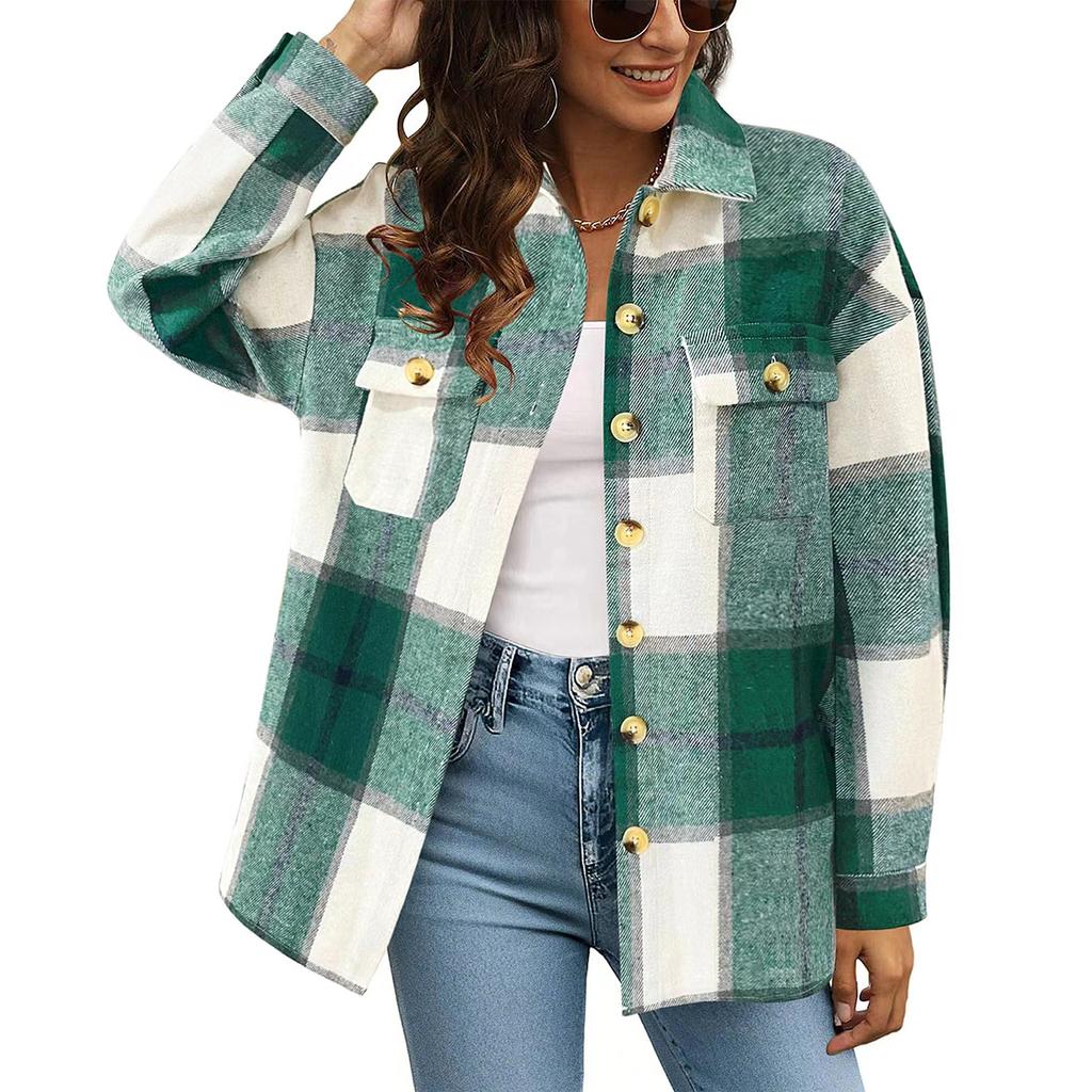 Women's Checkered Button Long Sleeved Loose Casual Shirt Jacket