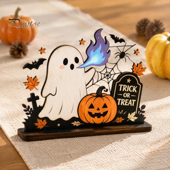 Cute Halloween Party Table Centerpieces Ghost Ornaments with Pumpkin Tombstone and Bat Elements, Wooden Flame Breathing Desktop Tabletop Decorations