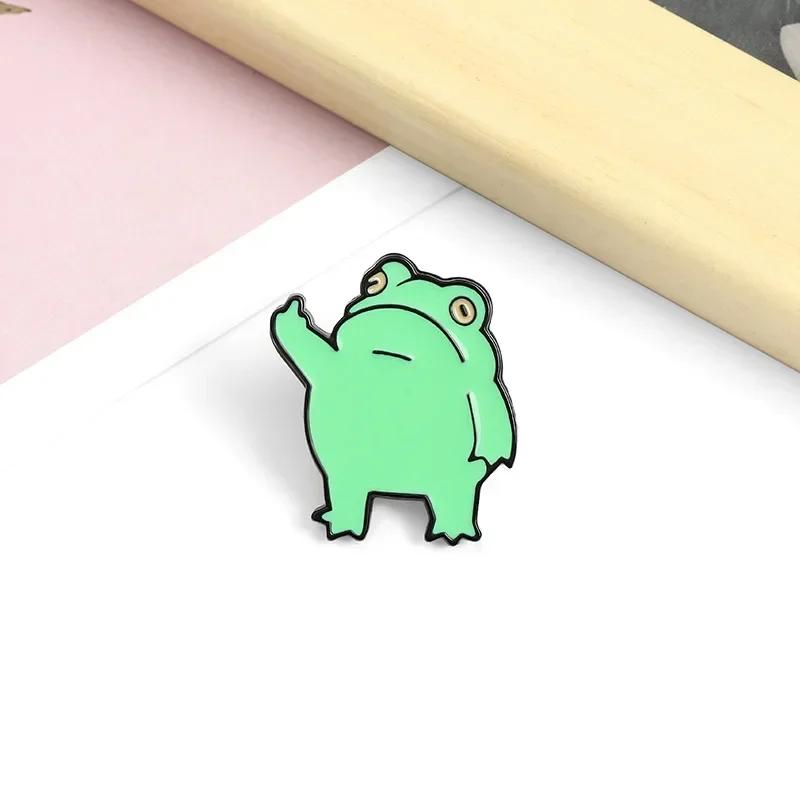 Cute Funny Vertical Middle Finger Frog Enamel Brooch for Women Creative Cartoon Animal Pins Clothing Jewelry Accessories Gift