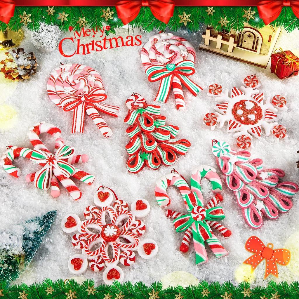 8 Pieces Peppermint Lollipop Candy Christmas Tree Ornaments Set,Polymer Clay Candy Lollipop Hanging Ornaments with Lollipop,Snowflake, Candy Cane for