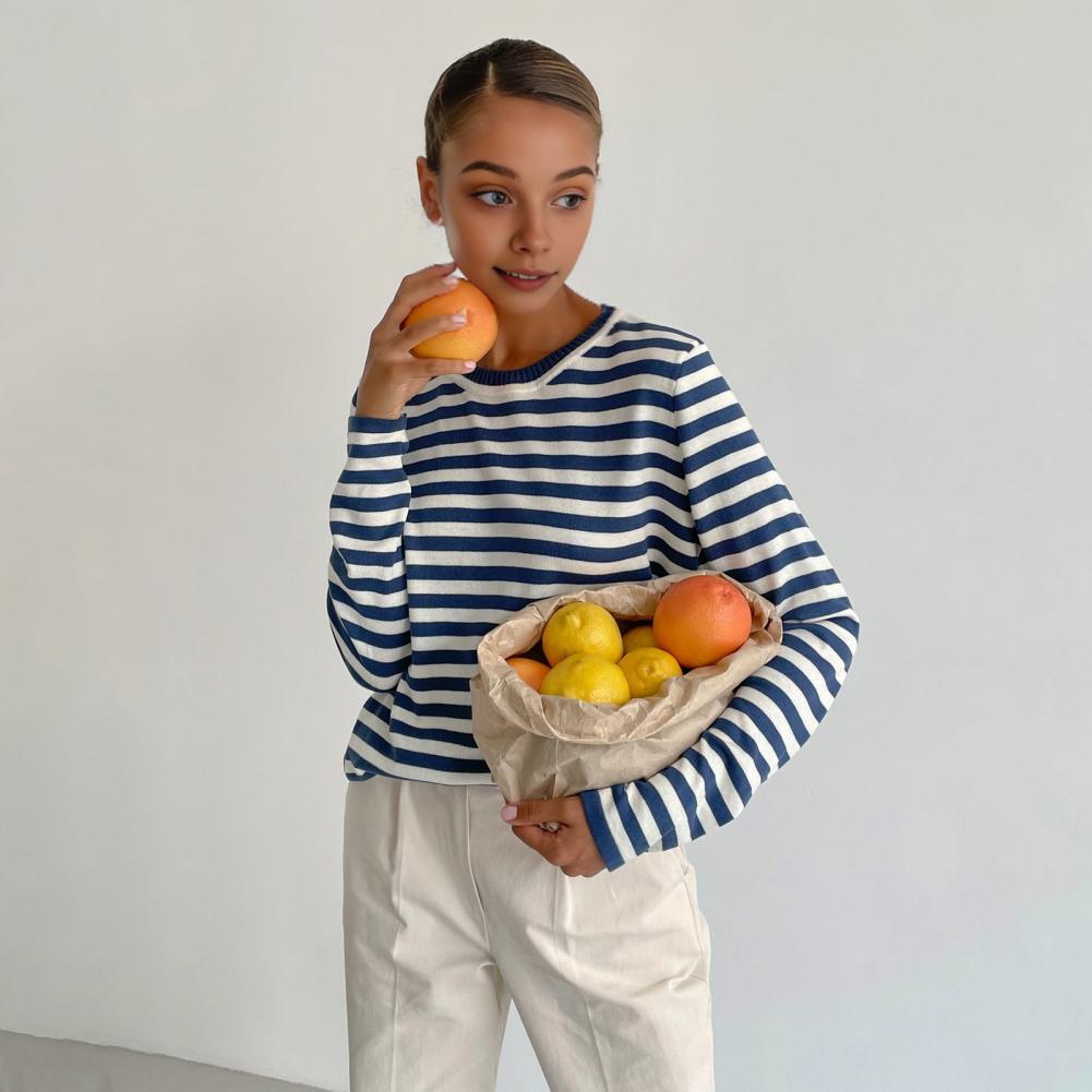 Women Tops Round Neck Long Sleeve Striped Print Sweater Loose Fit Stretchy Retro Knitting Tops Daily Wear