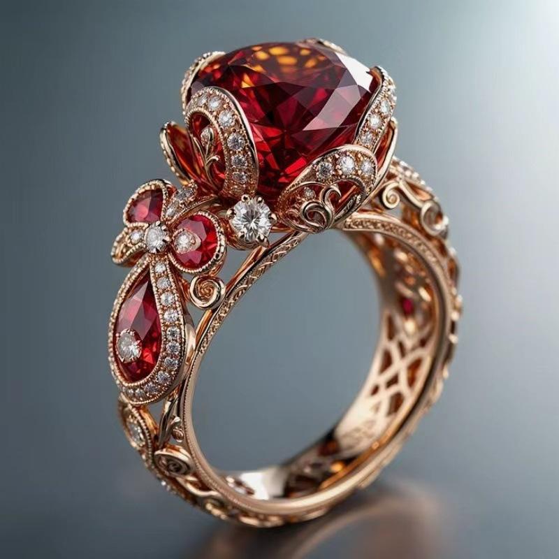 Luxury Female Red Zircon Big Stone Engagement Round Skeleton Ring Vintage Rose Gold Color Wedding Fashion Jewelry For Women