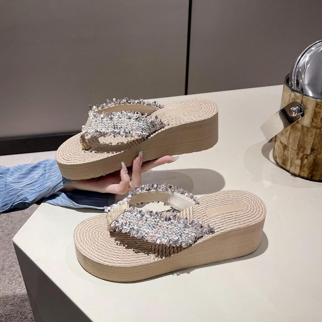 Fashion wear-resistant beach shoes Internet celebrity non-slip cool slippers women's 2025 summer new flip-flops women's middle heel outer wear