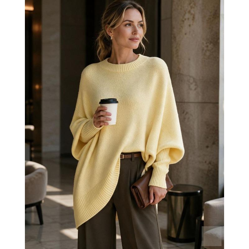 Autumn and winter crew neck pullover knitted sweater women's loose lazy style solid color women's sweater
