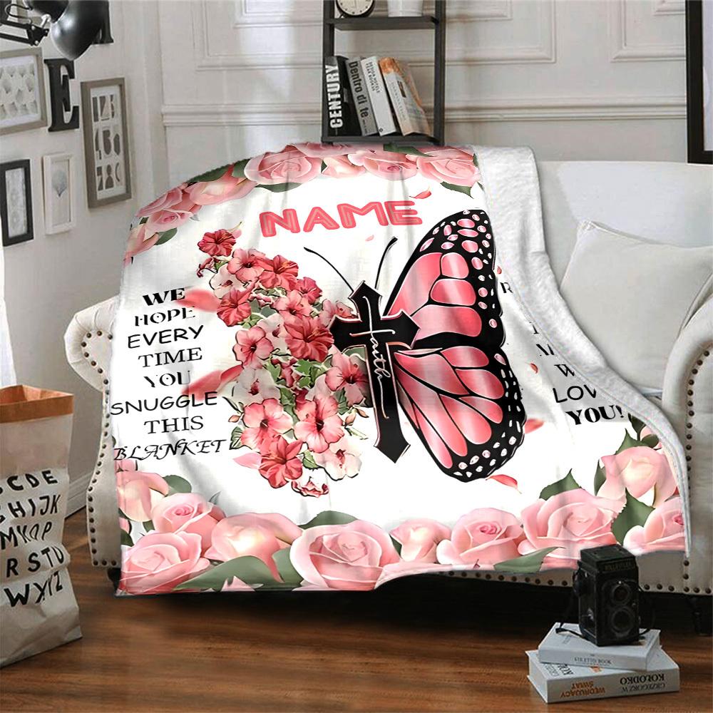 Butterfly Floral Blanket With Love Message And Cross Design Multipurpose Customizable Blanket Personalized Text Soft Warm Cozy Perfect For Sofa Couch