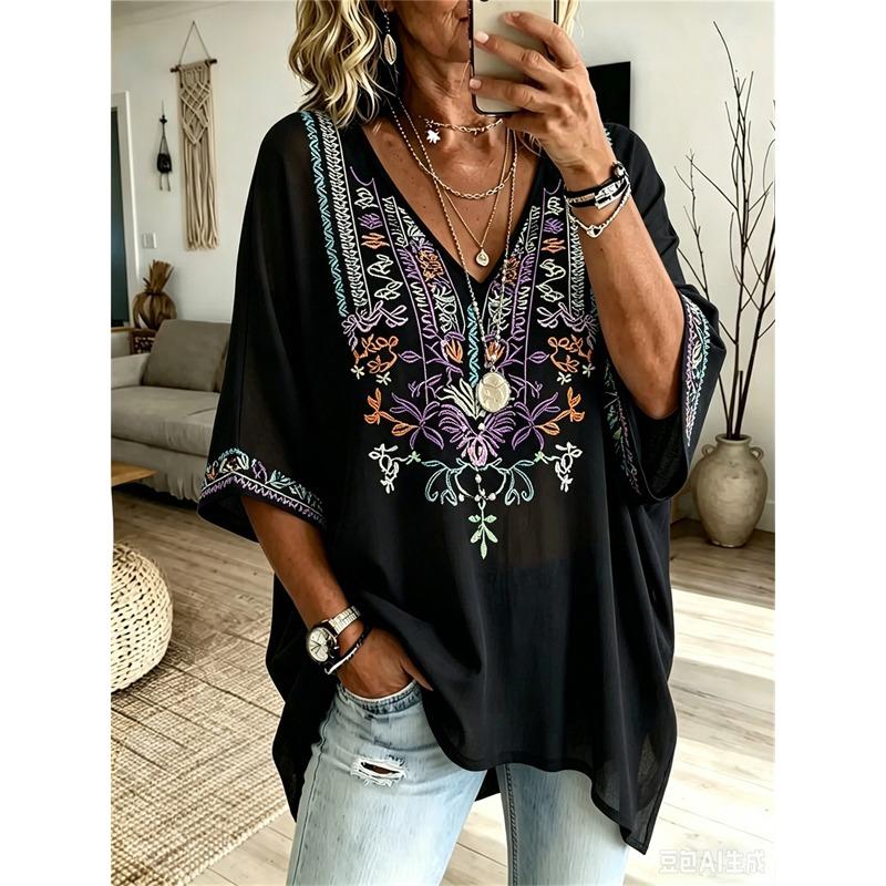 T-shirt da Donna Taglie Forti Scollo a V Maniche a Pipistrello Stampa Etnica Boemia Top Largo Estivo Comodo Traspirante Quotidiano Casual Stile Modellante