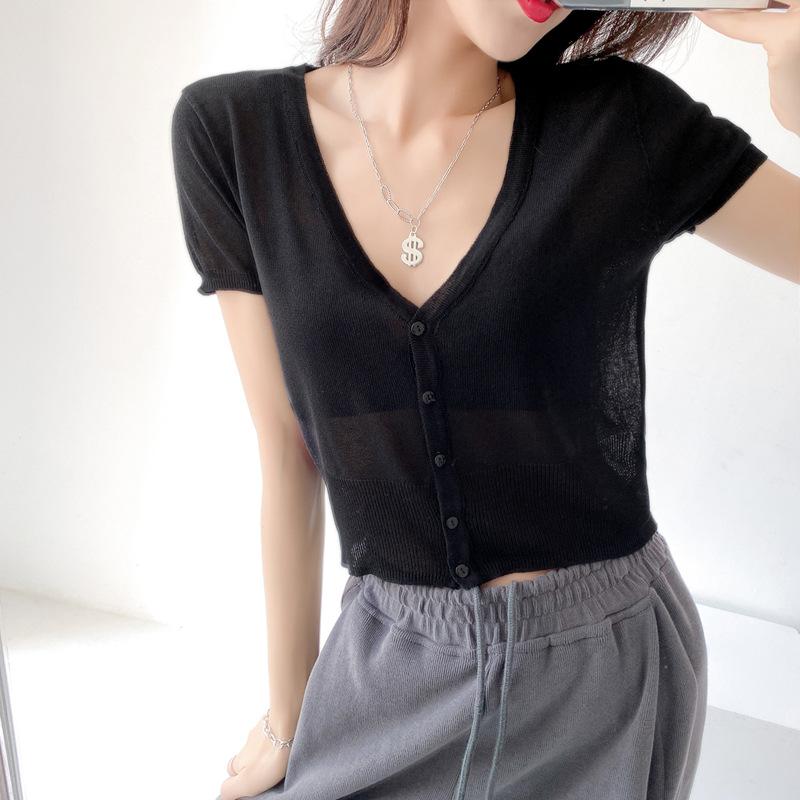 Outerwear Jerseys Summer Cardigan Women Cropped Blouses Korean Fashion Style Cute V-neck Women's Coat Black Bolero Woman Basic