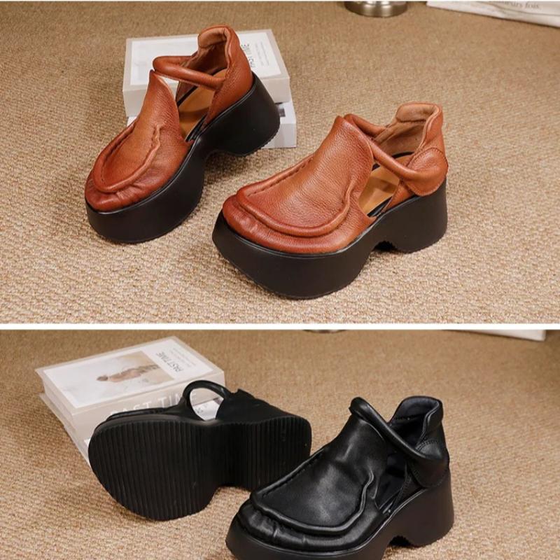 Johnature Retro Genuine Leather Thick Soled Shoes Round Toe Thick High-heeled Comfortable Platform Sandals