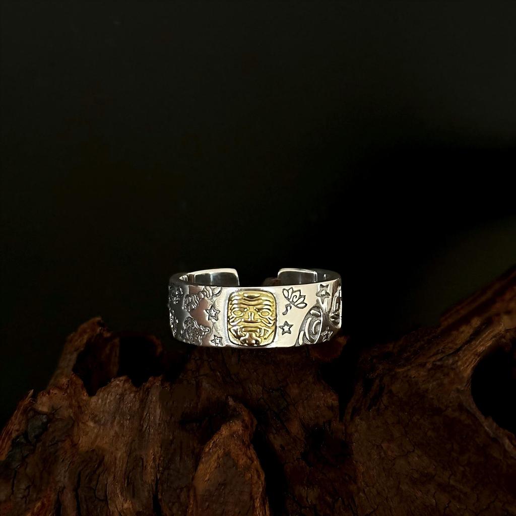 S925 Sterling Silver Zakira Lam Ring - Adjustable Retro National Style for Men and Women with Auspicious Words