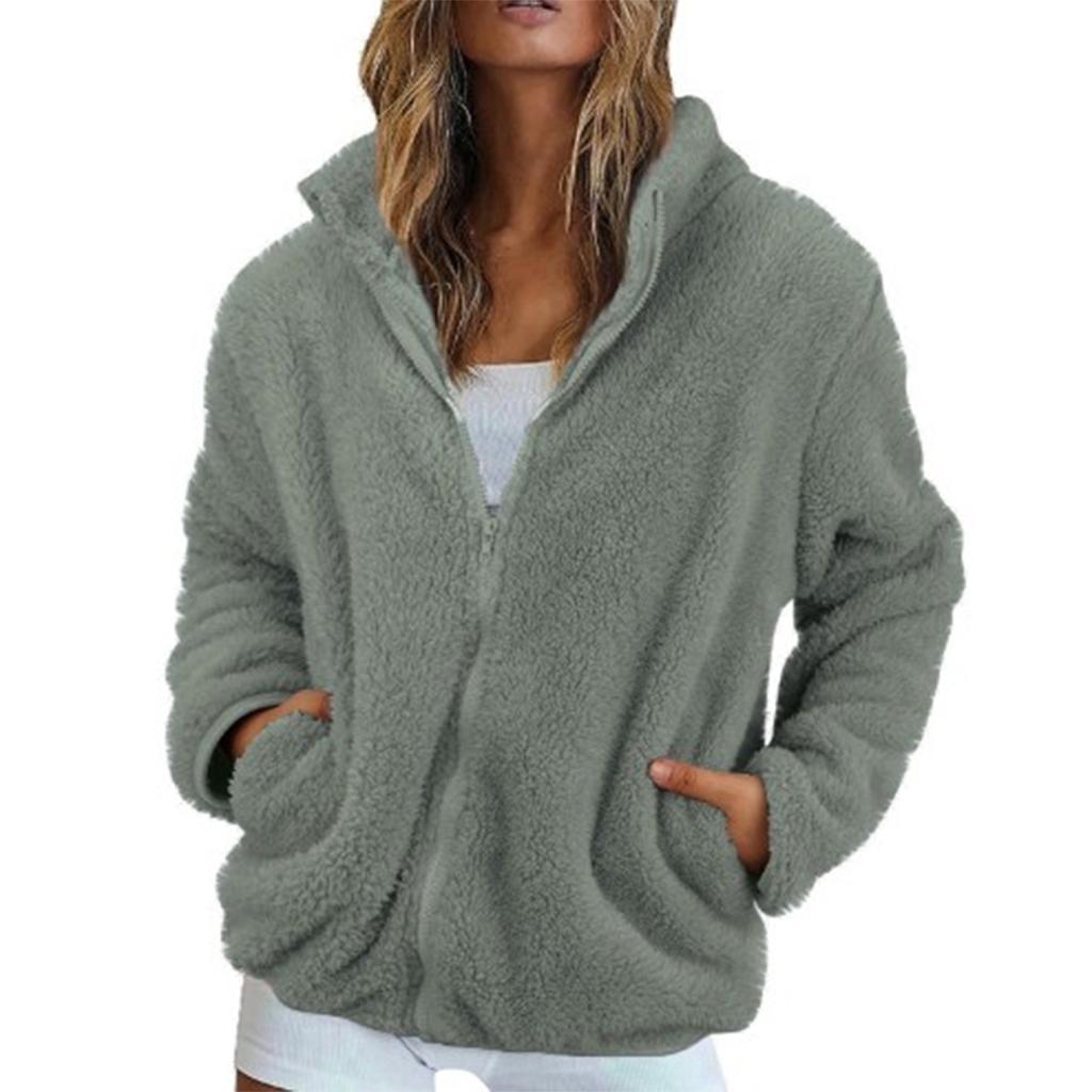 Women's Solid Color Fashionable Winter Loose High Neck Long Fleece Plush Warm Zipper Jacket