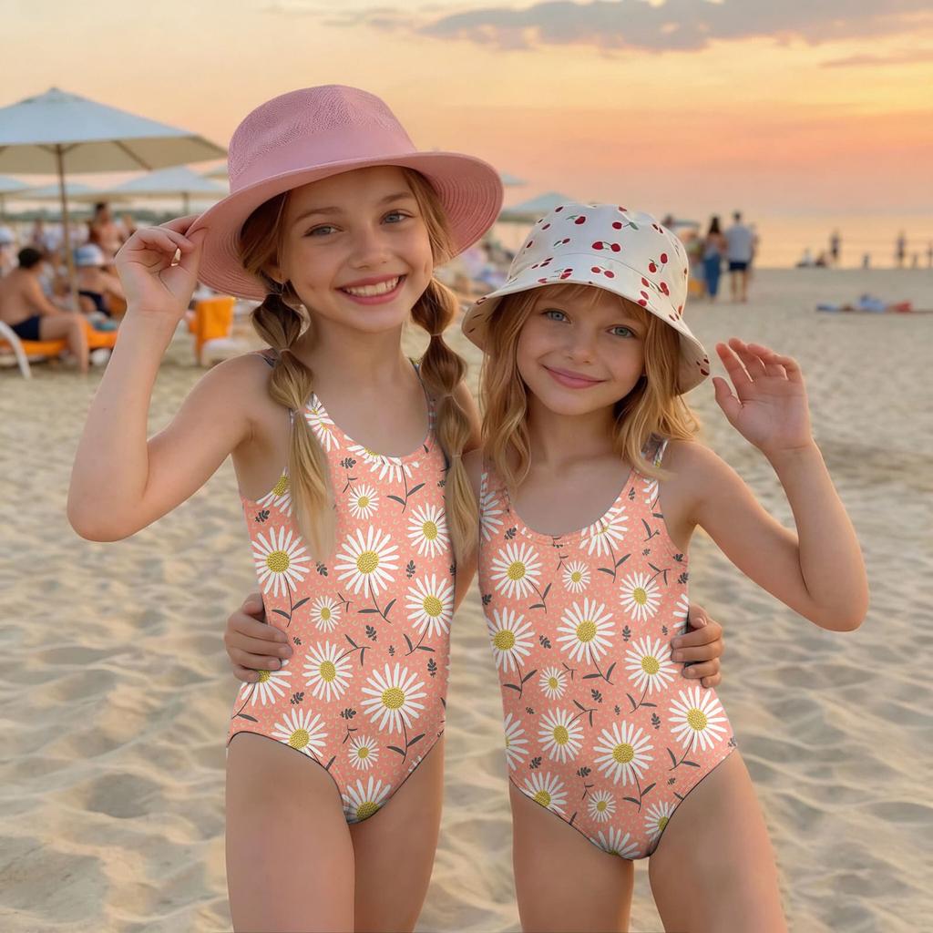 Girls Floral Print One Piece Swimsuit Summer Casual Kids Swimwear Lightweight Comfortable Fabric Suitable for Beach Pool Water Activities
