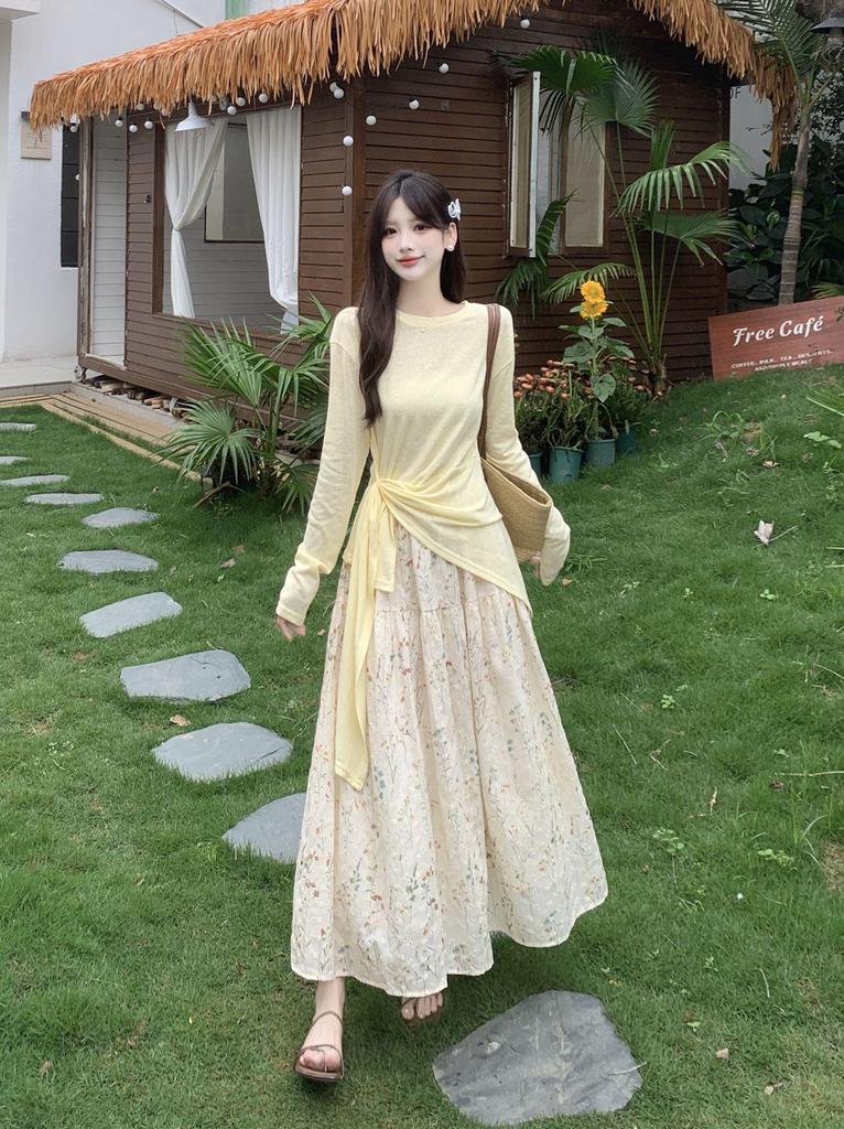 Summer Chic French Long Sleeve T-shirt + Embroidered Floral Midi Skirt Plus Size Set