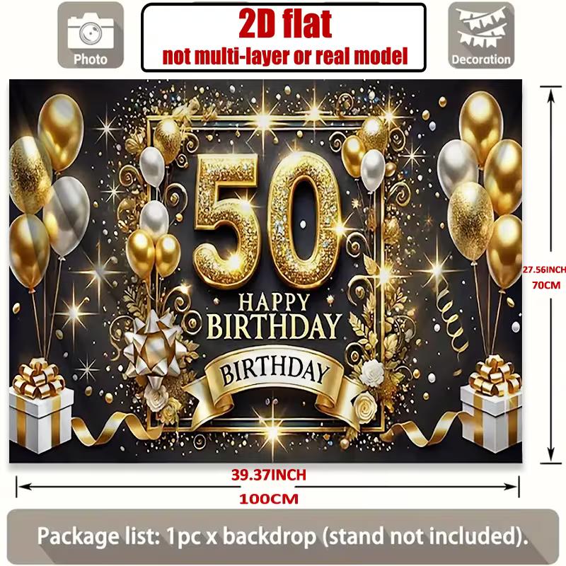 2D Black Gold Happy 50th Birthday Backdrop Glitter Balloon Party Decoration Banner