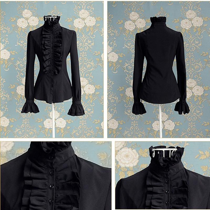 Gothic Lolita Long Sleeve Ruffles Solid Black White Tops Shirt for Women Vintage Victorian Ruched Lace Shirts and Blouses